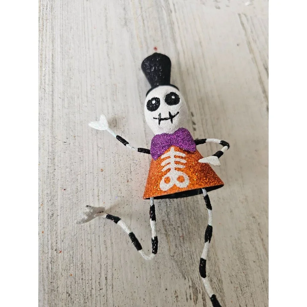 Pier 1 skeleton glitter ornament bow tie top hat Halloween Xmas tree black and w